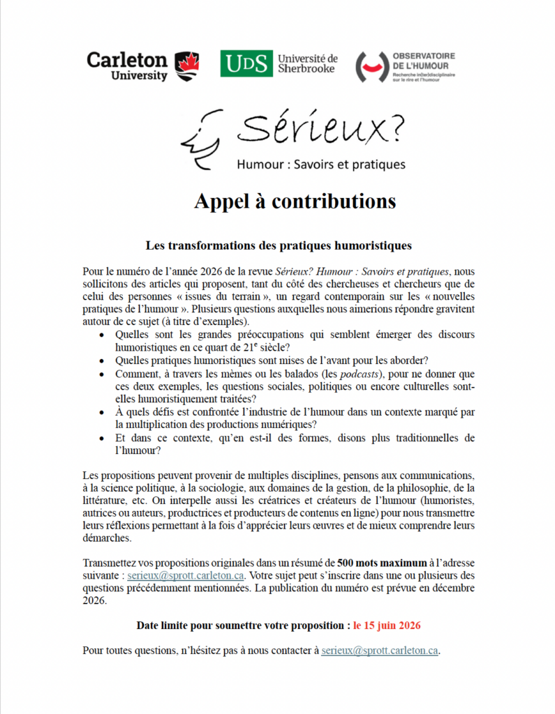 Call for contributions - Journal Sérieux? Humour: Savoirs et pratiques